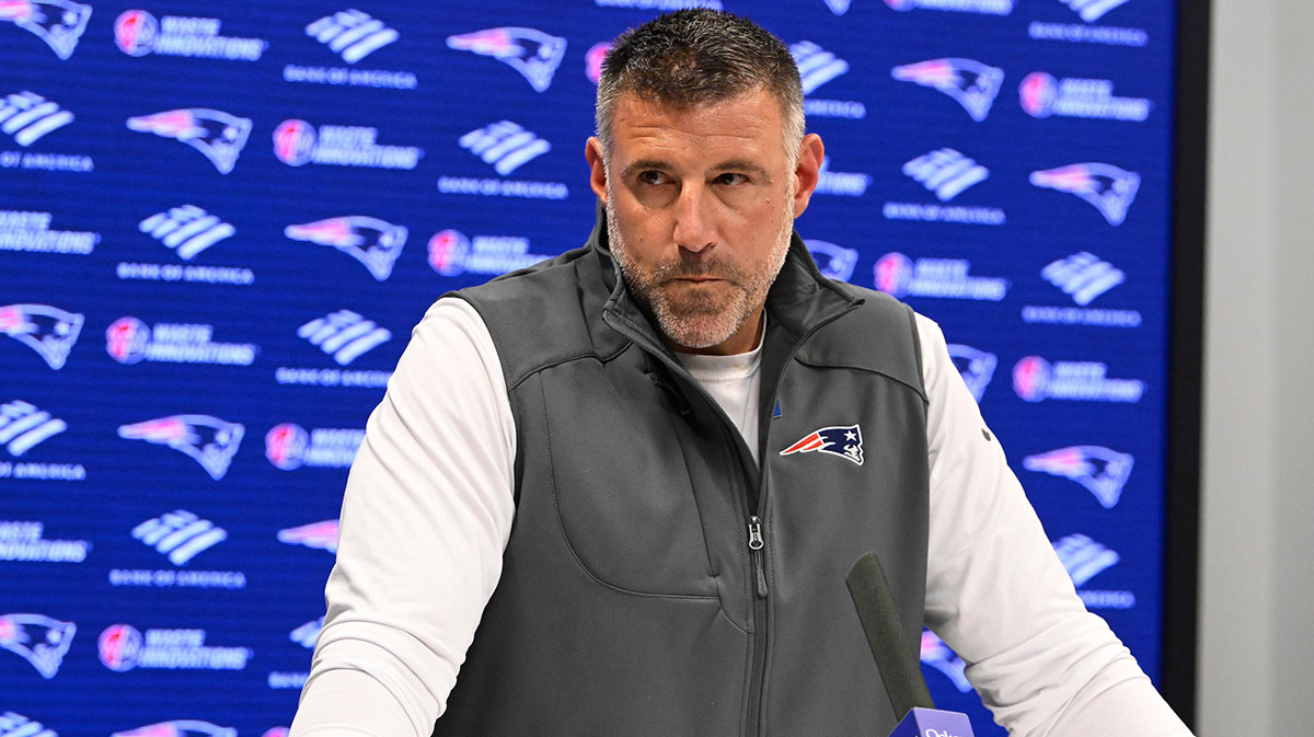 New England Patriots head coach Mike Vrabel speaks the to media during a press conference at Gillette Stadium.