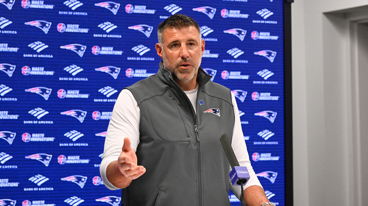 New England Patriots head coach Mike Vrabel speaks the to media during a press conference at Gillette Stadium.