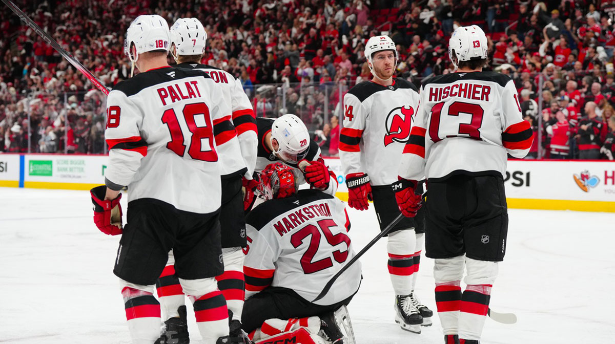 New Jersey Devils goaltender Jacob Markstrom (25) in consoled by right wing Timo Meier (28) after their loss in the second overtime to the Carolina Hurricanes in game five of the first round of the 2025 Stanley Cup Playoffs at Lenovo Center.
