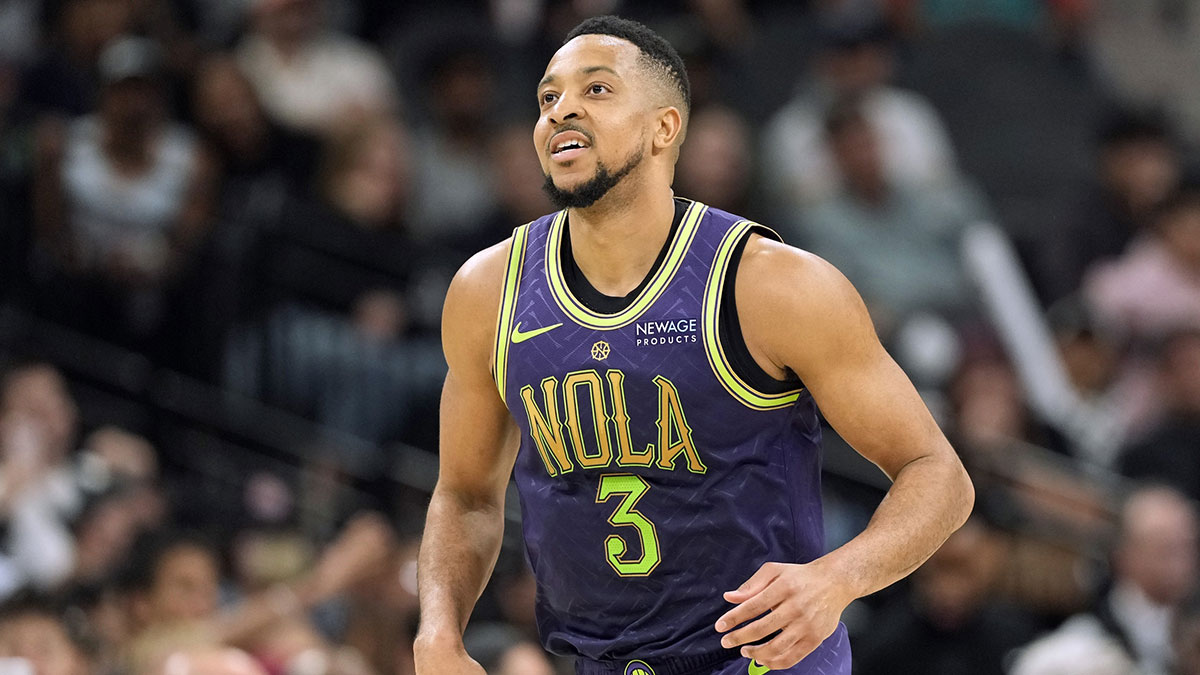 New Orleans Pelicans guard CJ McCollum (3) reacts after scoring a basket during the second half against the San Antonio Spurs at Frost Bank Center.