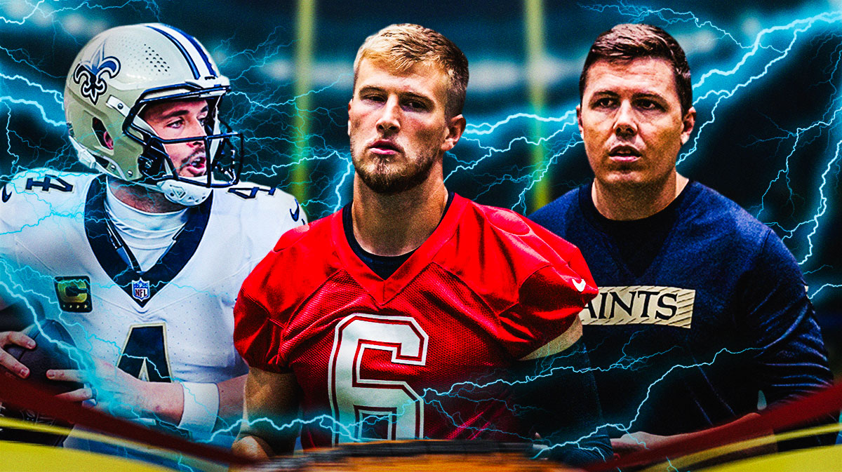 Tyler Shough in the middle, Derek Carr and Coach Kellen Moore around him, Stormy skies in the background