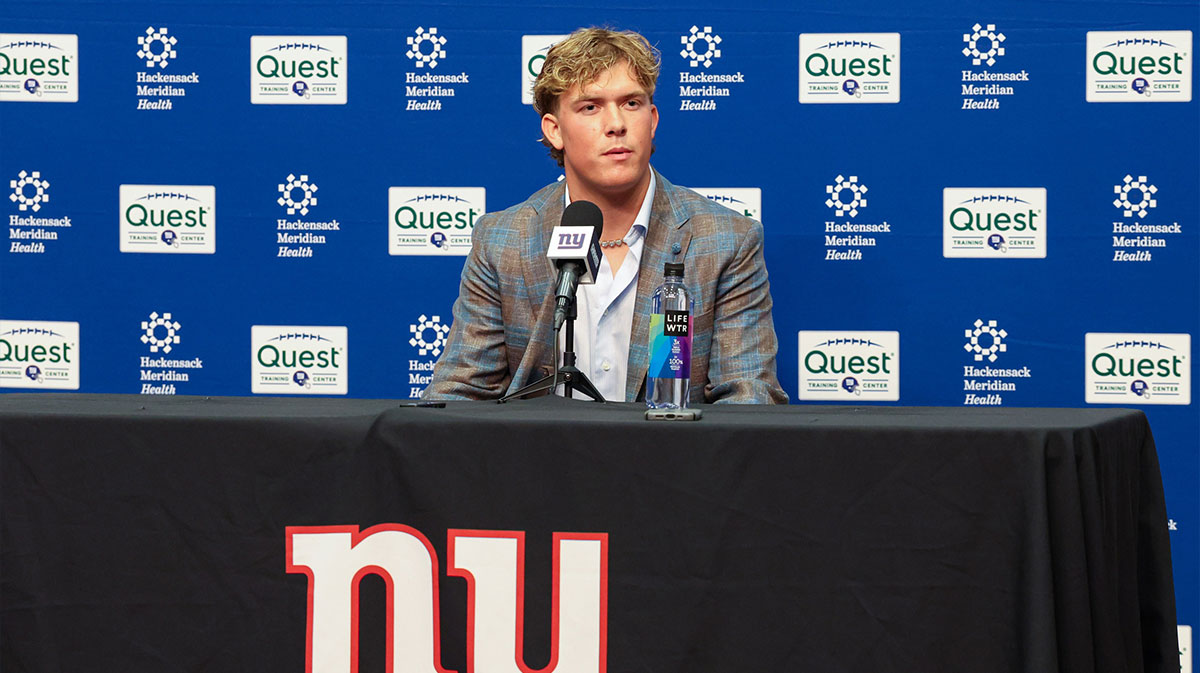 New York Giants first round draft pick, Jaxson Dart, takes questions from the media during his introduction press conference. New York Giants