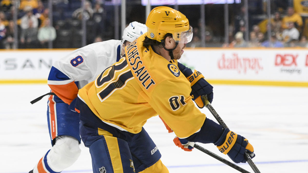 Nashville Predators center Jonathan Marchessault (81) takes a shot on goal against the New York Islanders during the first period at Bridgestone Arena