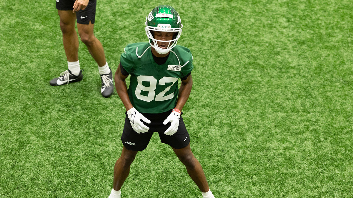 New York Jets rookie wide receiver Arian Smith (82) participates in a drill during the minicamp at Atlantic Health Jets Training Center
