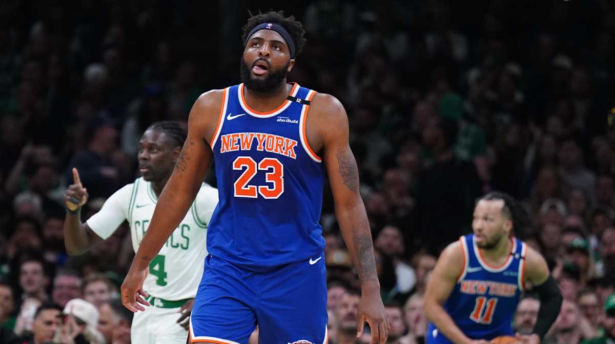 New York Knicks center Mitchell Robinson (23) returns up court against the Boston Celtics in the second quarter during game one of the second round for the 2025 NBA Playoffs at TD Garden.