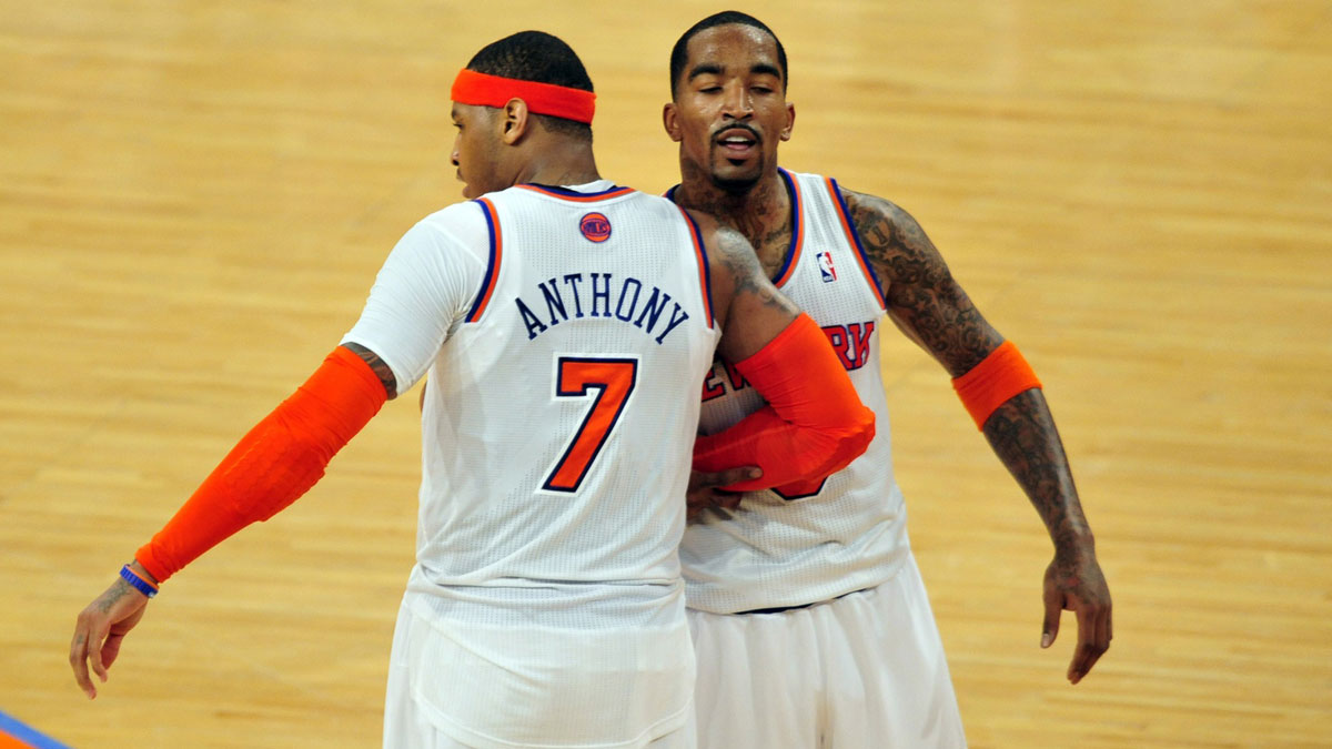 New York Knicks small forward Carmelo Anthony (7) and shooting guard J.R. Smith (8) celebrate against the Indiana Pacers during the second half in game two of the second round of the 2013 NBA Playoffs at Madison Square Garden. Knicks won the game 105-79.