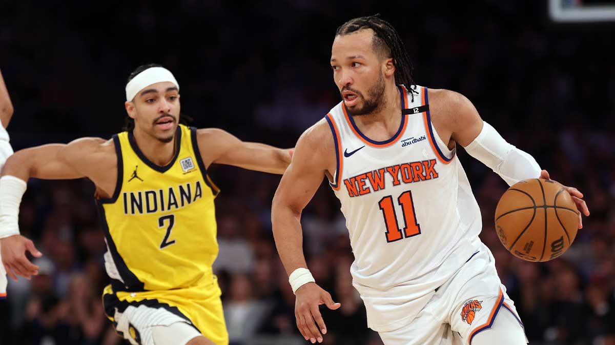 New York Knicks guard Jalen Brunson (11) controls the ball against Indiana Pacers guard Andrew Nembhard (2) in the fourth quarter during game five of the eastern conference finals for the 2025 NBA Playoffs at Madison Square Garden.