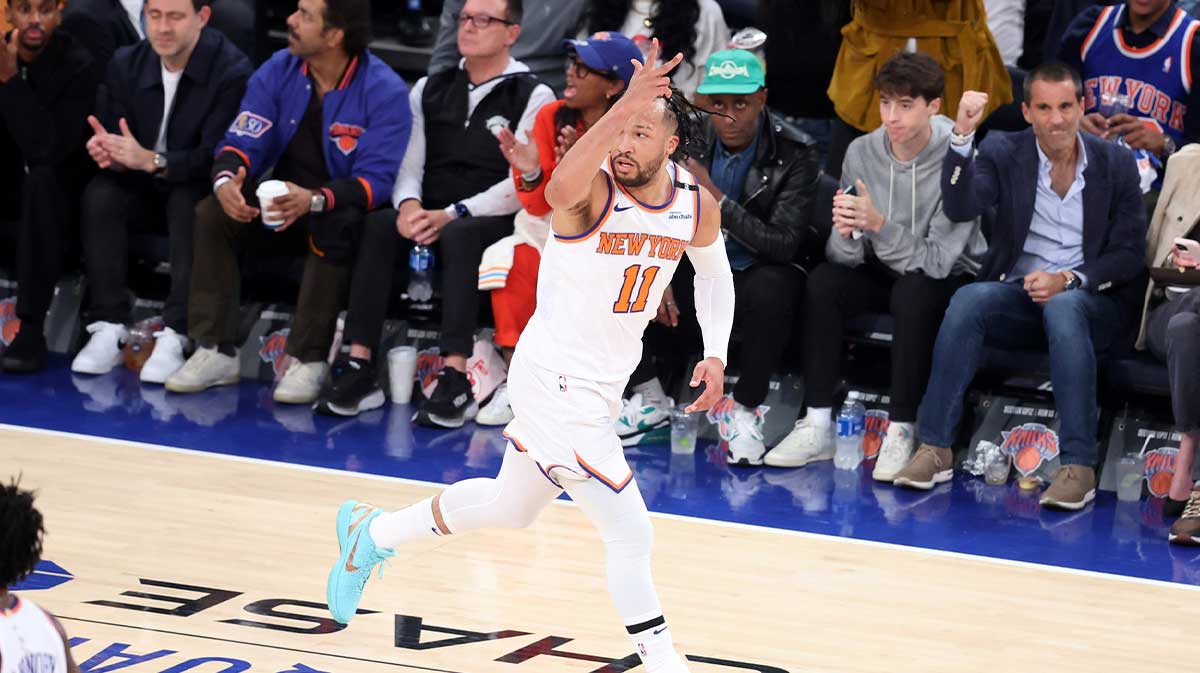 New York Knicks guard Jalen Brunson (11) reacts in the first quarter against the Indiana Pacers during game two of the eastern conference finals for the 2025 NBA Playoffs at Madison Square Garden.