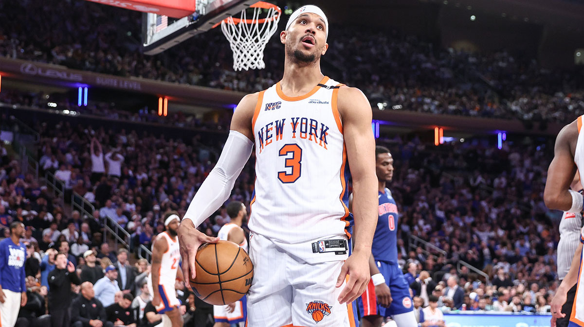 New York Knicks guard Josh Hart (3) reacts to a call in the fourth quarter against the Detroit Pistons during game five of first round for the 2025 NBA Playoffs at Madison Square Garden.