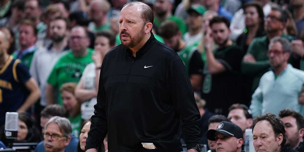 New York Knicks head coach Tom Thibodeau watches from the sideline as they take on the Boston Celtics during game two of the second round for the 2025 NBA Playoffs at TD Garden.