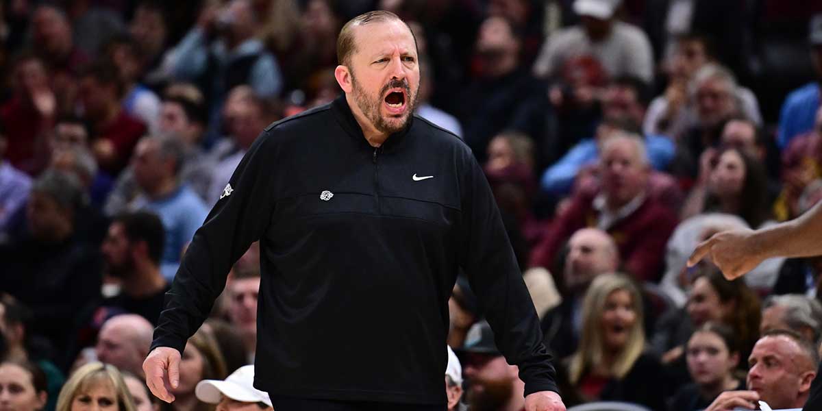 New York Knicks head coach Tom Thibodeau reacts during the second half against the Cleveland Cavaliers at Rocket Arena.