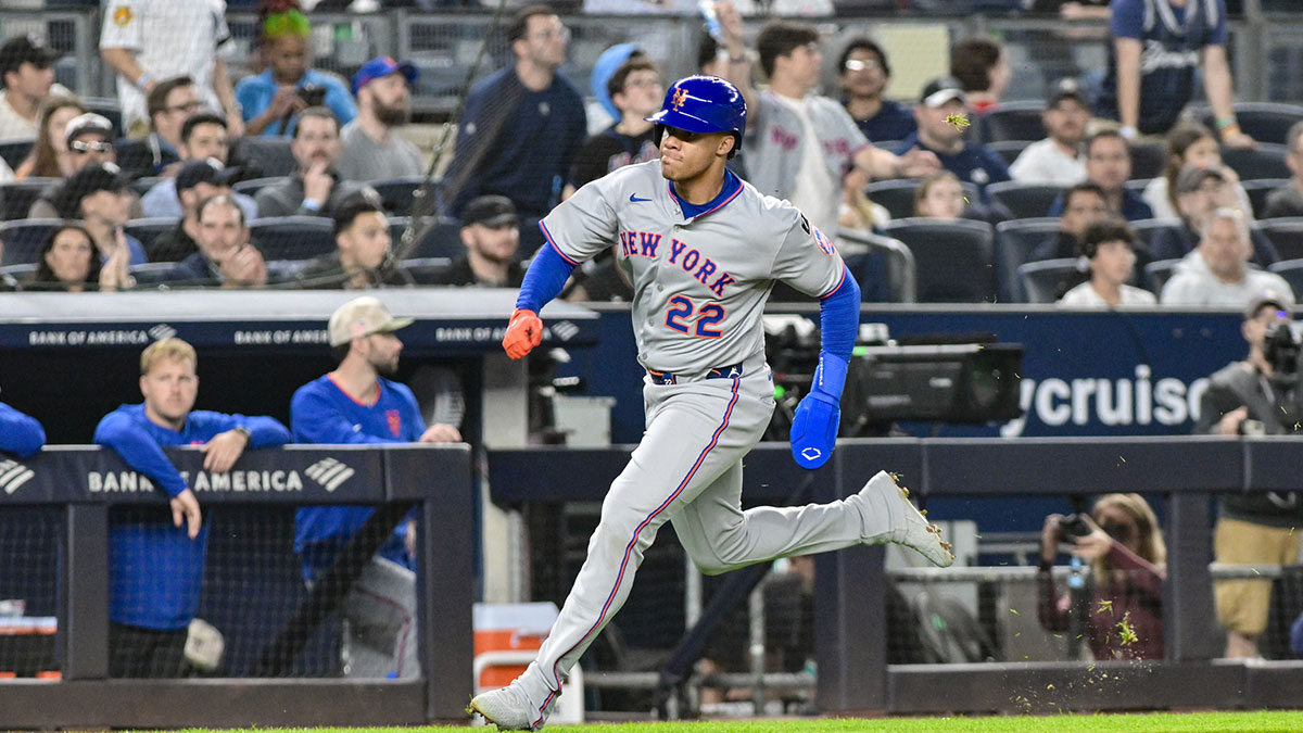 New York Mets outfielder Juan Soto (22) rounds third base and scores on a RBI single by outfielder Brandon Nimmo (not pictured) during the fourth inning against the New York Yankees at Yankee Stadium.