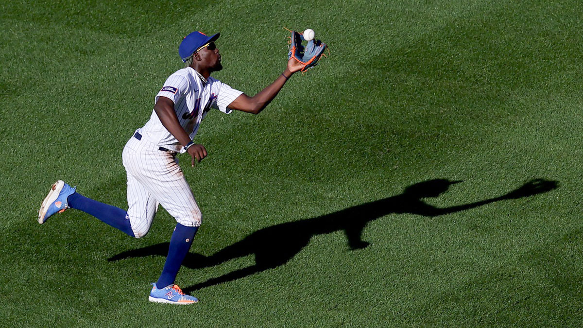 New York Mets second baseman Ronny Mauricio (10) catches a fly ball by Philadelphia Phillies right fielder Nick Castellanos (not pictured) during the fifth inning at Citi Field.