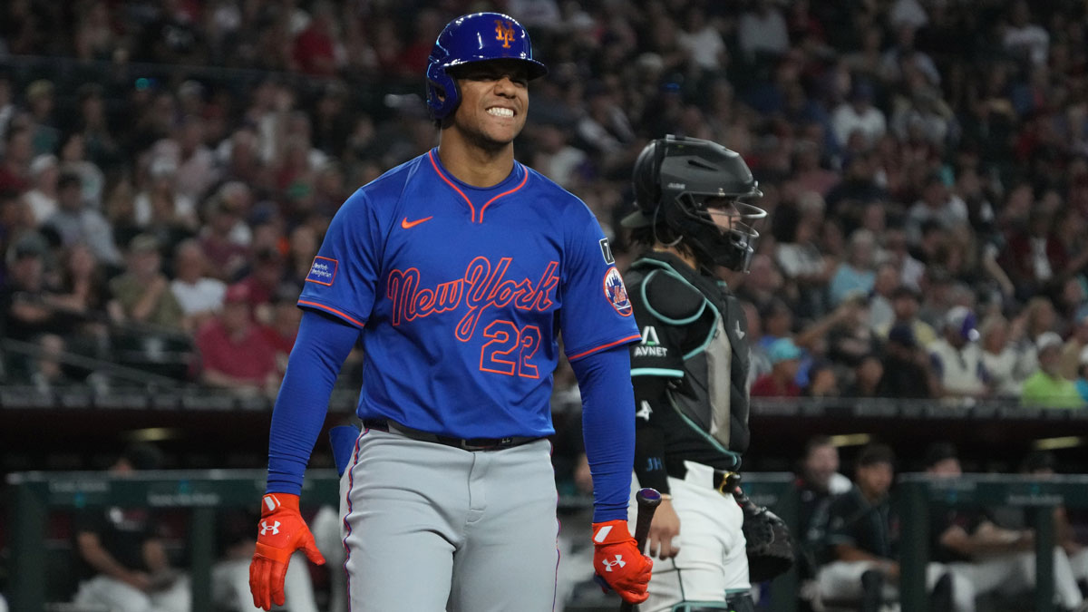 New York Mets outfielder Juan Soto (22) reacts after striking out against the Arizona Diamondbacks in the third inning at Chase Field.