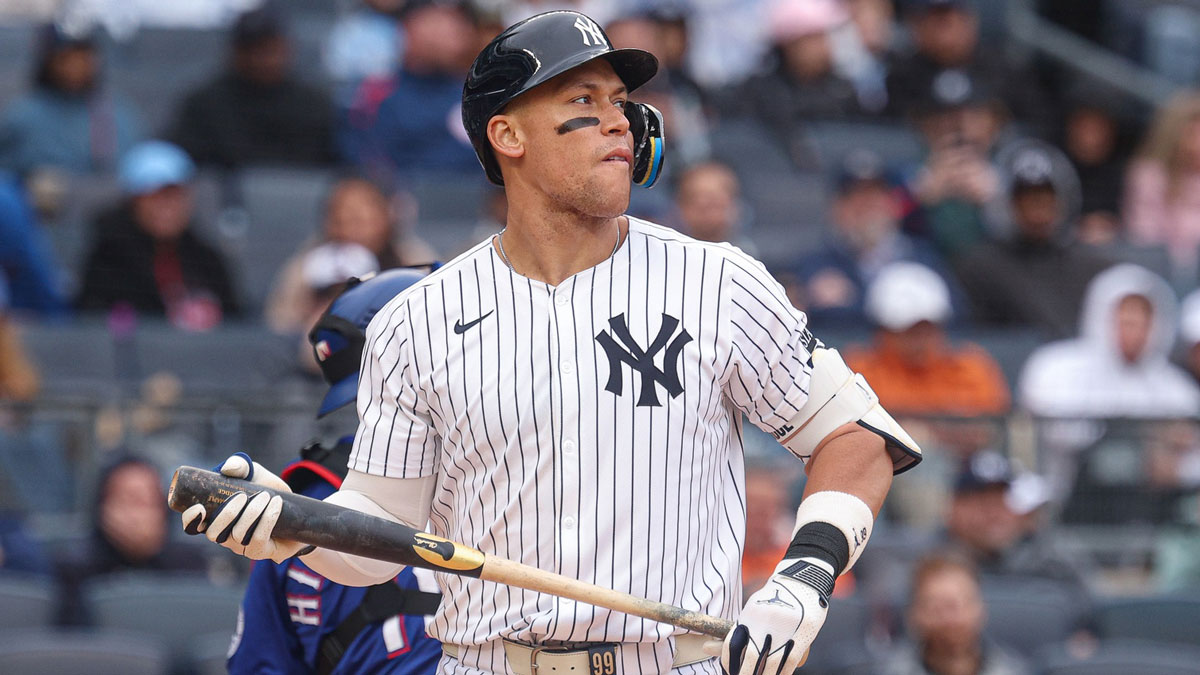 New York Yankees designated hitter Aaron Judge (99) reacts after striking out during the third inning against the Texas Rangers at Yankee Stadium.