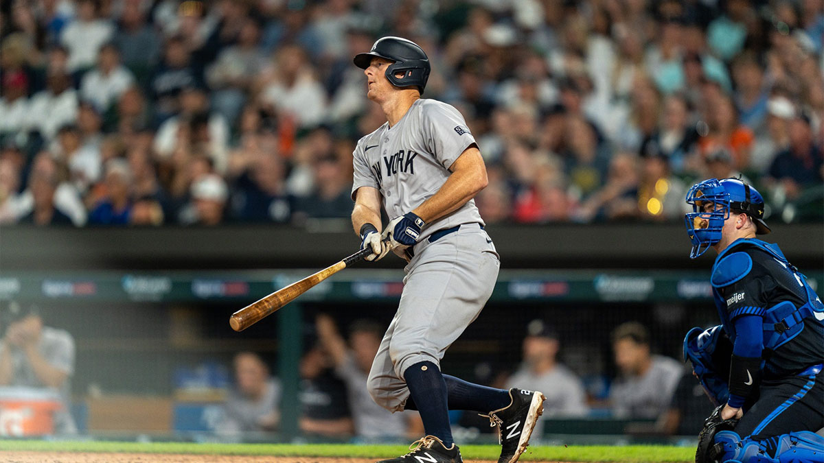 New York Yankees first baseman DJ LeMahieu (26) hits the ball against the Detroit Tigers at Comerica Park in Detroit on Friday, Aug. 16, 2024.