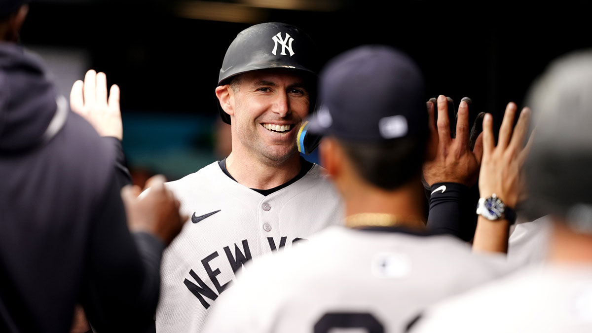 New York Yankees first base Paul Goldschmidt (48) celebrates scoring a run in the fifth inning against the Colorado Rockies at Coors Field.