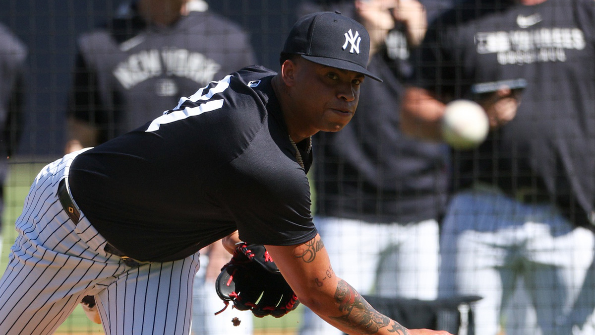 New York Yankees starting pitcher Luis Gil (81) participates in spring training workouts at George M. Steinbrenner Field.