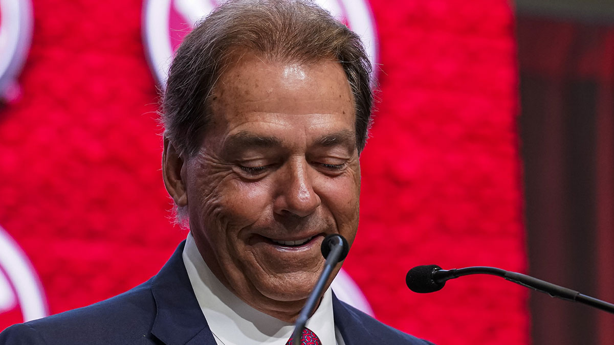 Alabama head coach Nick Saban talks to the media during SEC Media Days at the College Football Hall of Fame.