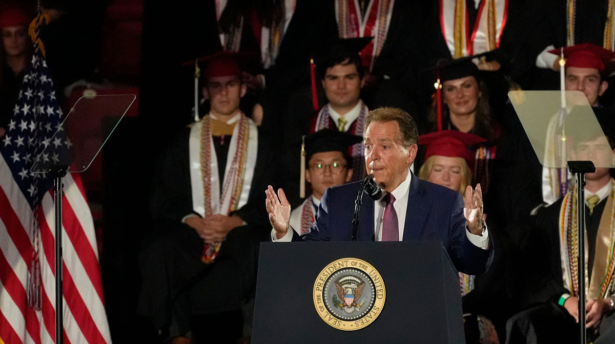 Legendary Alabama football coach Nick Saban introduces President Donald Trump. Trump delivered a special commencement address to University of Alabama graduates at Coleman Coliseum. Graduation occurs over the weekend.
