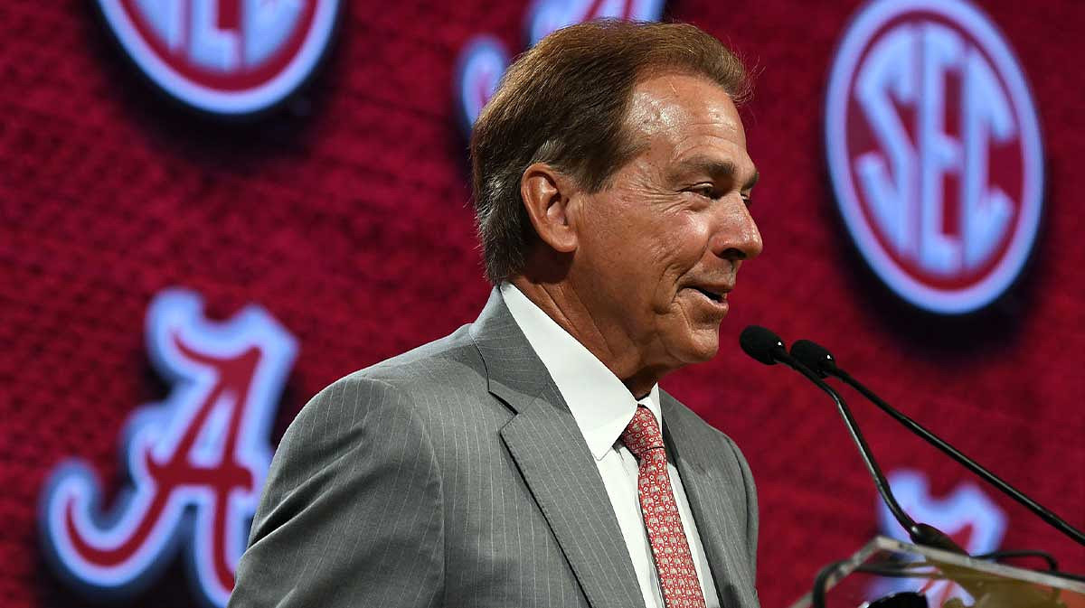 Alabama Crimson Tide head coach Nick Saban speaks during SEC Media Day.