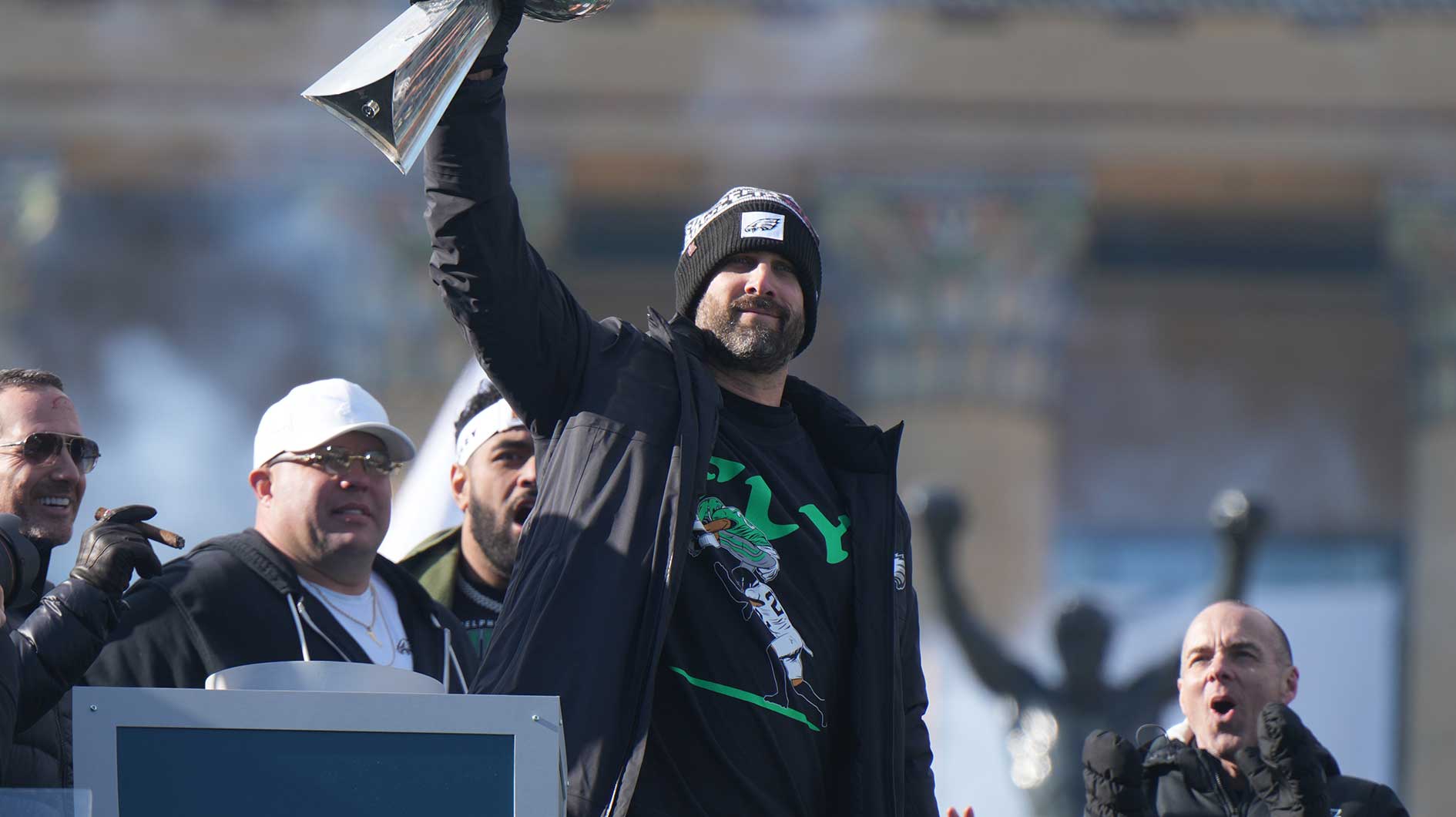 Philadelphia Eagles head coach Nick Sirianni raises the Vince Lombardi Trophy during the Super Bowl LIX championship parade and rally.
