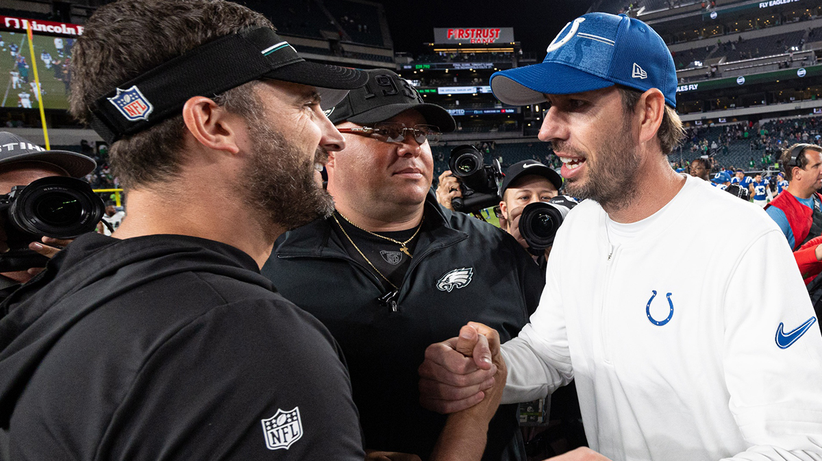 Philadelphia Eagles head coach Nick Sirianni (L) shakes hands with Indianapolis Colts head coach Shane Steichen (R) after a game at Lincoln Financial Field.