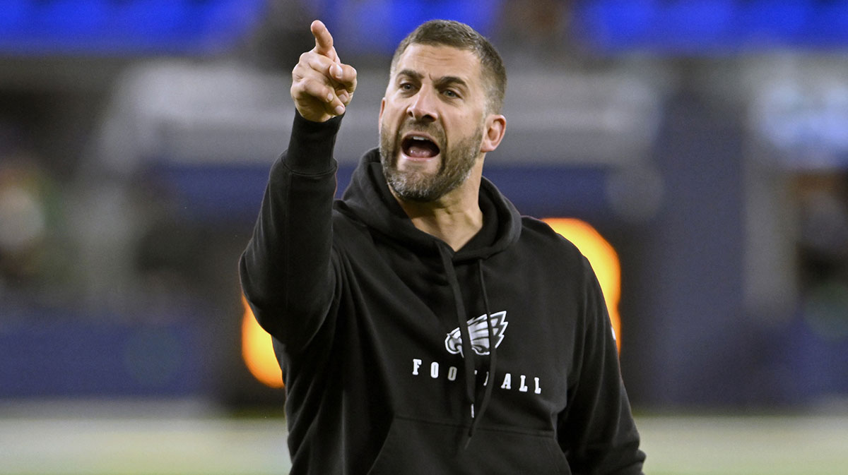 Philadelphia Eagles head coach Nick Sirianni reacts on the sidelines during the first half against the Los Angeles Rams at SoFi Stadium.