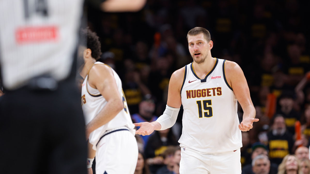 Denver Nuggets center Nikola Jokic (15) reacts to a call after a foul against the Oklahoma City Thunder in the second half during game two of the second round for the 2025 NBA Playoffs at Paycom Center.