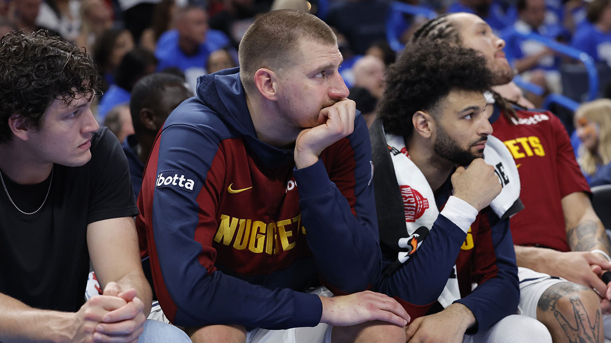 Denver Nuggets center Nikola Jokic (15) watches the game from the bench in the fourth quarter against the Oklahoma City Thunder in game seven of the second round for the 2025 NBA Playoffs at Paycom Center.