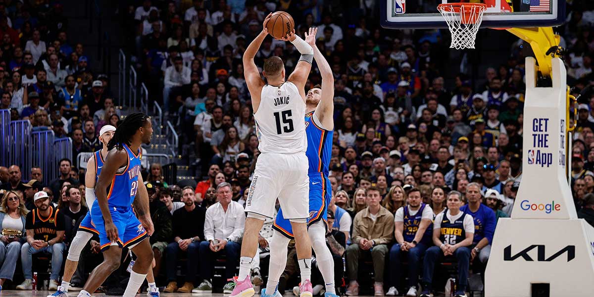 Denver Nuggets center Nikola Jokic (15) attempts a shot as Oklahoma City Thunder center Isaiah Hartenstein (55) defends in the second quarter during game six of the second round for the 2025 NBA Playoffs at Ball Arena.
