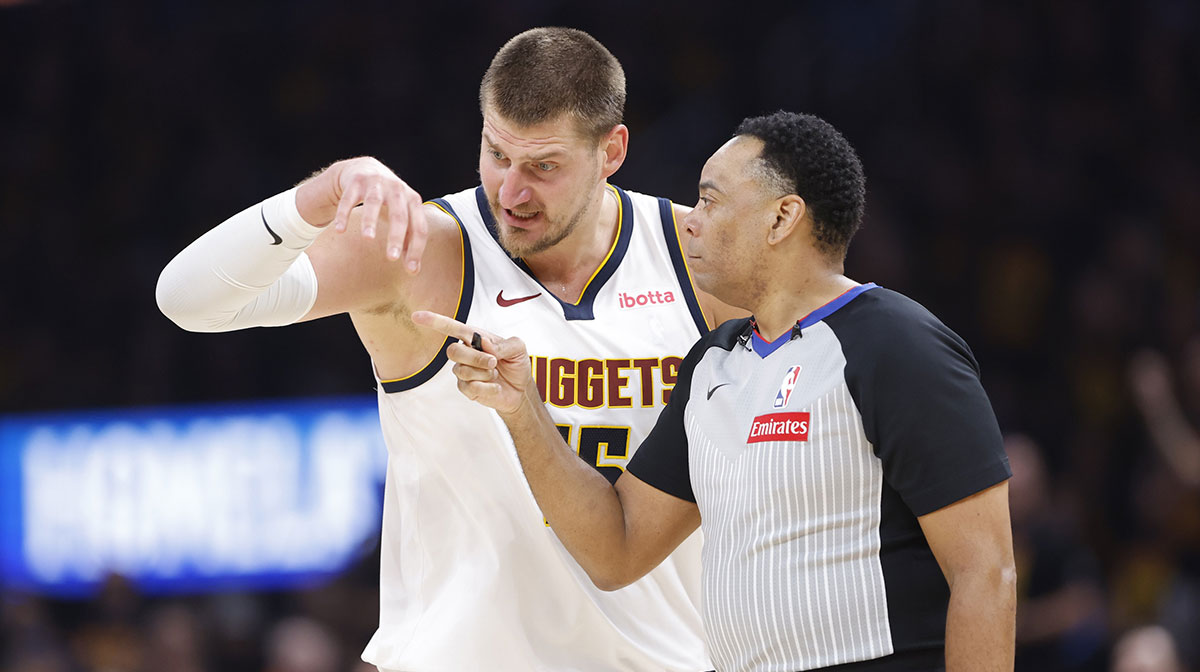 Denver Nuggets center Nikola Jokic (15) talks to an official after a call against him during the second half against the Oklahoma City Thunder in game one of the second round for the 2025 NBA Playoffs at Paycom Center