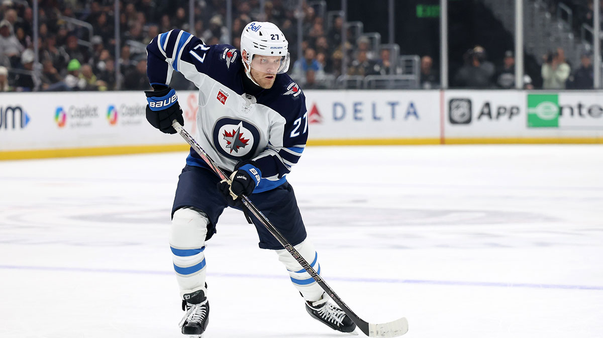 Winnipeg Jets left wing Nikolaj Ehlers (27) skates with the puck during the third period against the Los Angeles Kings at Crypto.com Arena.