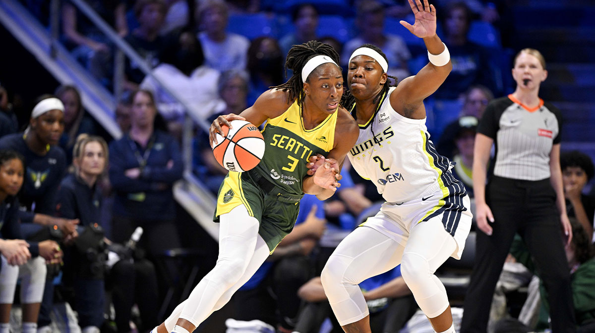 Seattle Storm forward Nneka Ogwumike (3) drives to the basket past Dallas Wings forward Myisha Hines-Allen (2) during the first half at College Park Center.