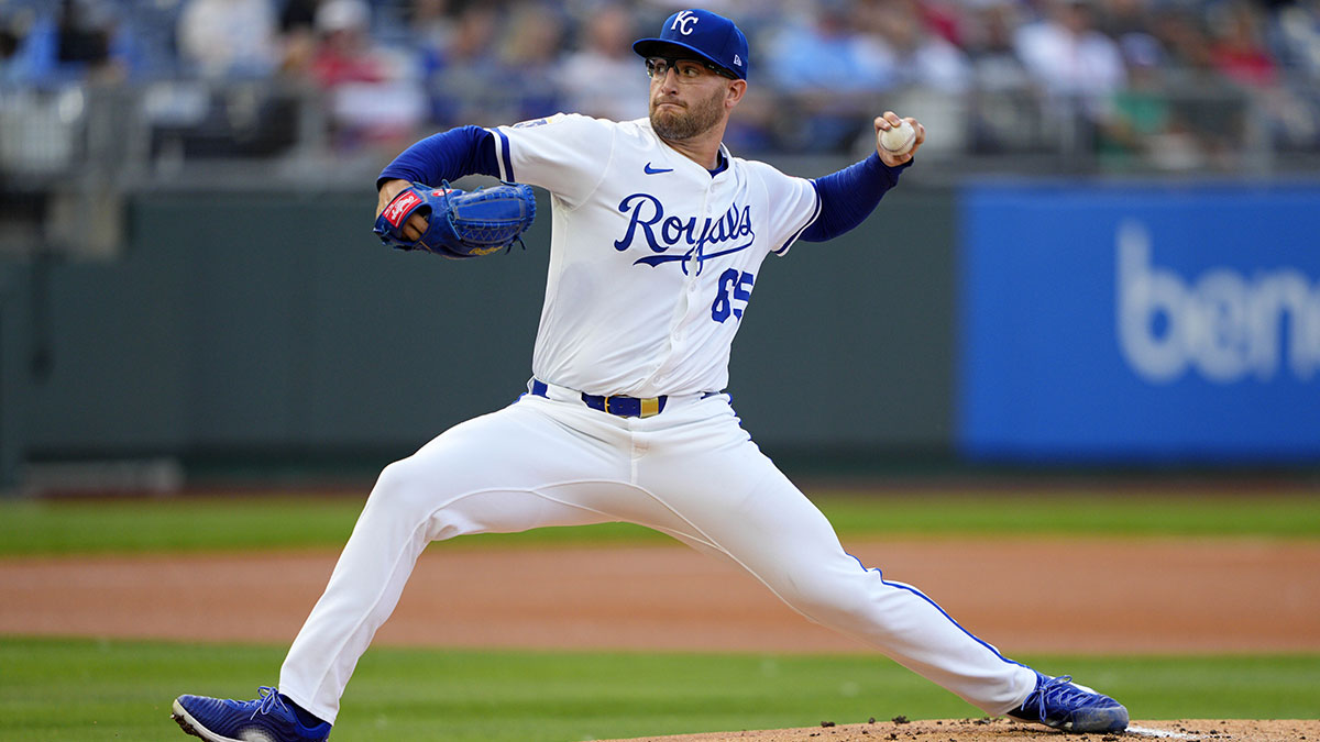 May 28, 2025; Kansas City, Missouri, USA; Kansas City Royals starting pitcher Noah Cameron (65) pitches during the first inning against the Cincinnati Reds at Kauffman Stadium.