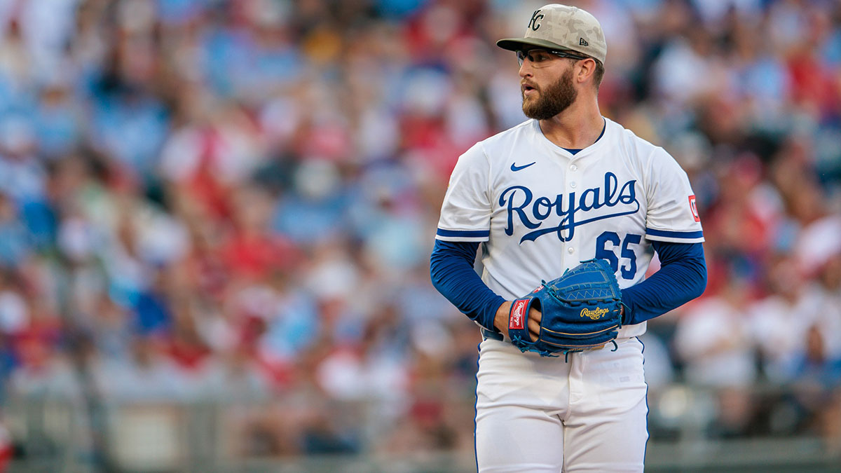 May 17, 2025; Kansas City, Missouri, USA; Kansas City Royals pitcher Noah Cameron (65) on the mound during the first inning against the St. Louis Cardinals at Kauffman Stadium. Mandatory Credit: William Purnell-Imagn Images