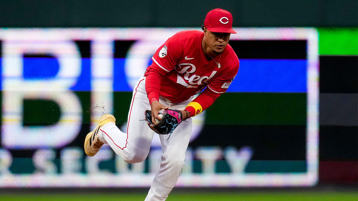 Cincinnati Reds third baseman Noelvi Marte (16) plays a ground ball off the bat of Washington Nationals right fielder Dylan Crews (3) in the first inning of the MLB National League game between the Cincinnati Reds and the Washington Nationals at Great American Ball Park in downtown Cincinnati on Saturday, May 3, 2025. The Reds led 3-2 in the fourth inning.