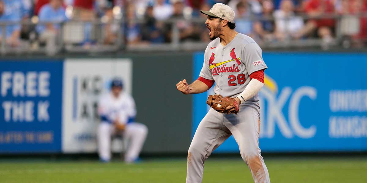 St. Louis Cardinals third base Nolan Arenado (28) reacts after a play during the eighth inning against the Kansas City Royals at Kauffman Stadium.