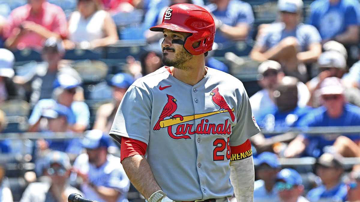 St. Louis Cardinals third baseman Nolan Arenado (28) walks back to the dugout after striking out in the first inning against the Kansas City Royals at Kauffman Stadium.