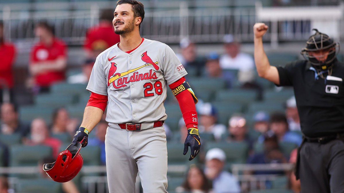 St. Louis Cardinals third baseman Nolan Arenado (28) reacts after a strikeout against the Atlanta Braves in the first inning at Truist Park.