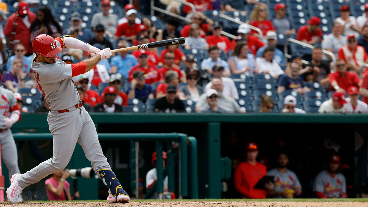 St. Louis Cardinals third base Nolan Arenado (28) hits a two run home run against the Washington Nationals during the eighth inning at Nationals Park.
