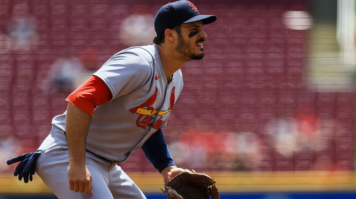 St. Louis Cardinals third baseman Nolan Arenado (28) prepares for the pitch in the first inning against the Cincinnati Reds at Great American Ball Park.