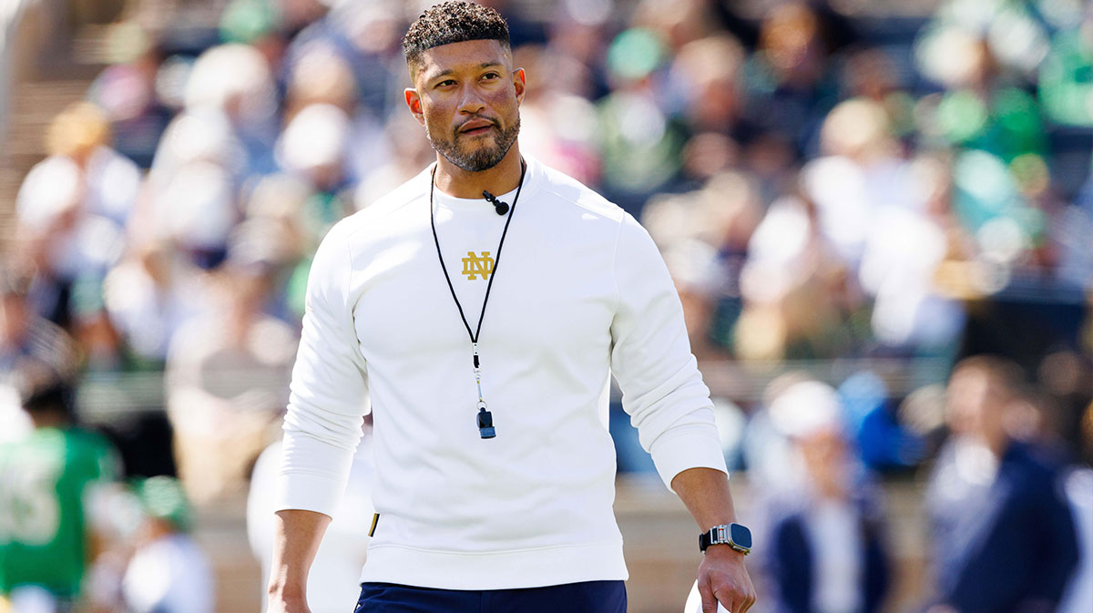 Notre Dame head coach Marcus Freeman during the Notre Dame Blue-Gold spring football game at Notre Dame Stadium on Saturday, April 12, 2025, in South Bend.