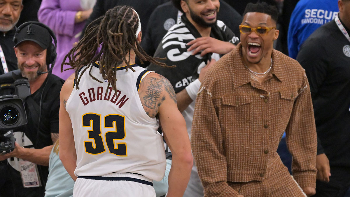 Denver Nuggets forward Aaron Gordon (32) is congratulated by guard Russell Westbrook (4) after the game winning dunk to defeat the Los Angeles Clippers 101-99 in game four of round one of the 2024 NBA Playoffs at Intuit Dome.