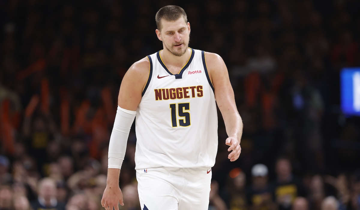 Nuggets center Nikola Jokic (15) walks down the court after a play against the Oklahoma City Thunder in the second half during game two of the second round for the 2025 NBA Playoffs at Paycom Center