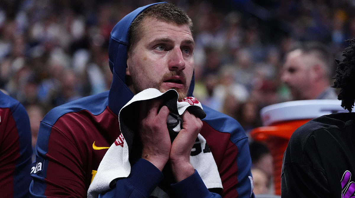Nuggets center Nikola Jokic (15) reacts from the bench in the third quarter against the LA Clippers during game seven of first round for the 2025 NBA Playoffs at Ball Arena
