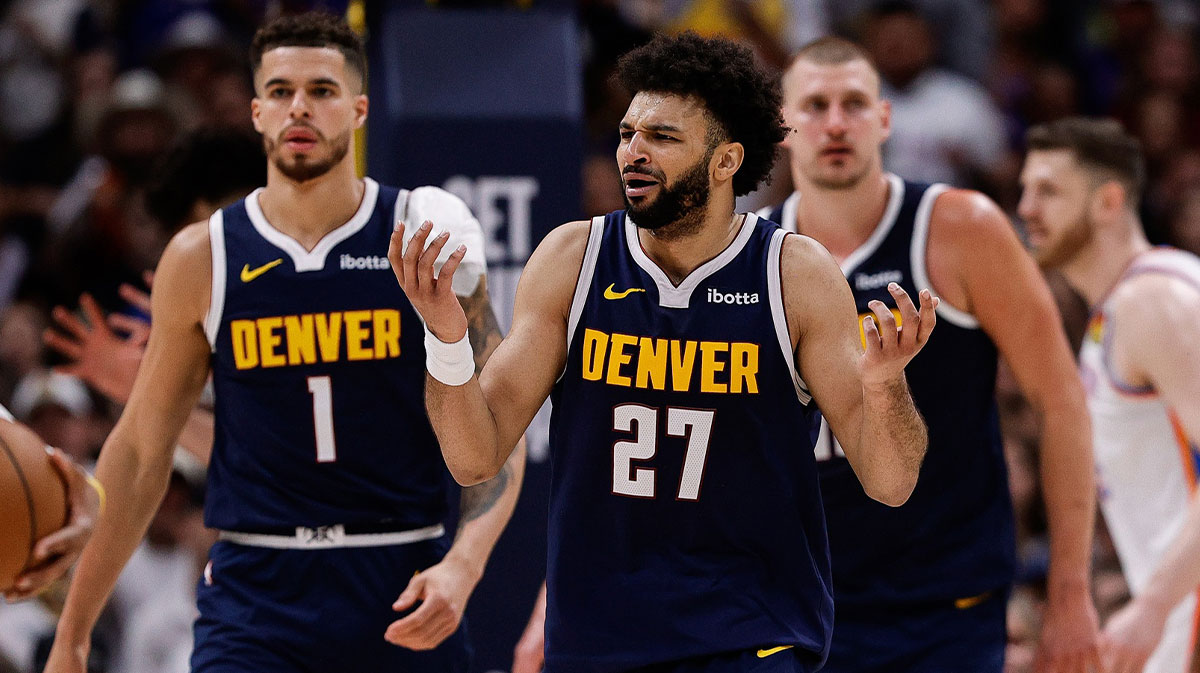 Denver Nuggets guard Jamal Murray (27) reacts after a play in the third quarter against the Oklahoma City Thunder during game four of the second round of the 2025 NBA Playoffs at Ball Arena.
