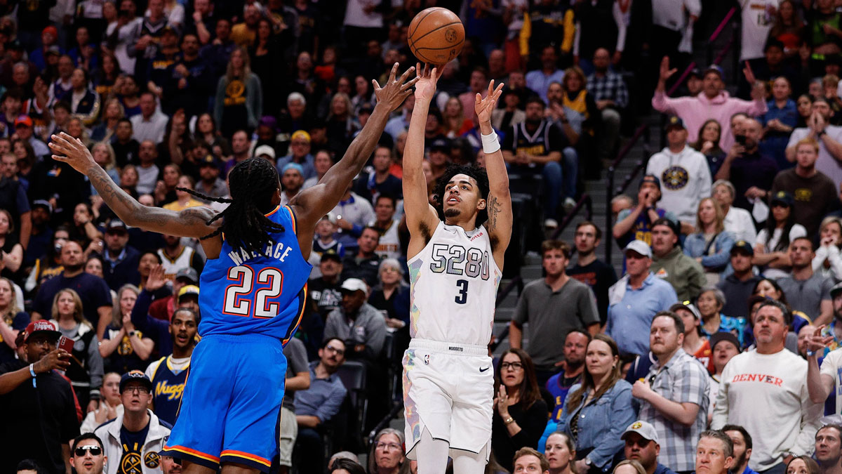 Denver Nuggets guard Julian Strawther (3) attempts a shot as Oklahoma City Thunder guard Cason Wallace (22) defends in the third quarter during game six of the second round for the 2025 NBA Playoffs at Ball Arena.