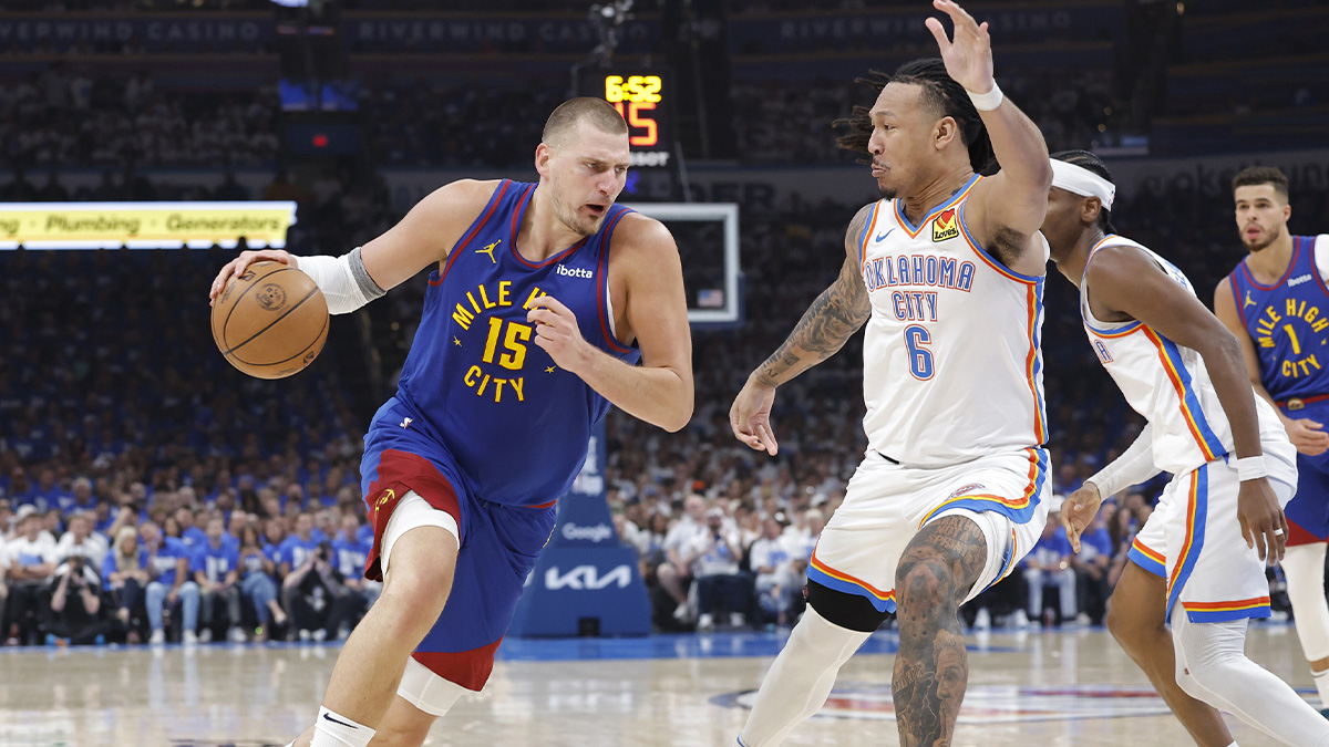 Denver Nuggets center Nikola Jokic (15) drives to the basket against Oklahoma City Thunder forward Jaylin Williams (6) during the second quarter of game five of the second round for the 2025 NBA Playoffs at Paycom Center.