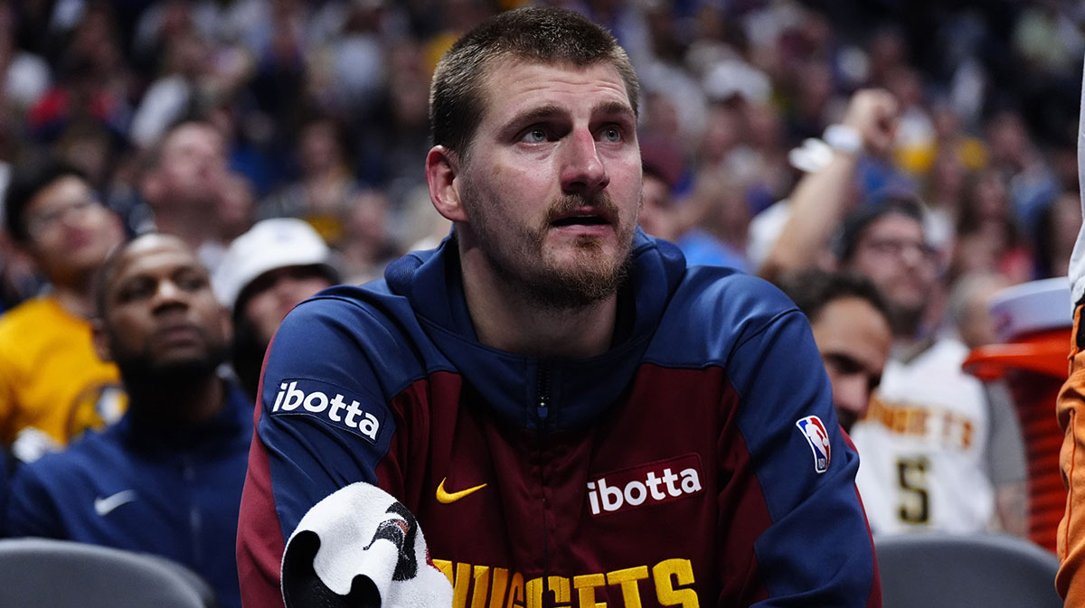 Denver Nuggets center Nikola Jokic (15) on the bench in the fourth quarter against the Oklahoma City Thunder during game three of the second round for the 2025 NBA Playoffs at Ball Arena.